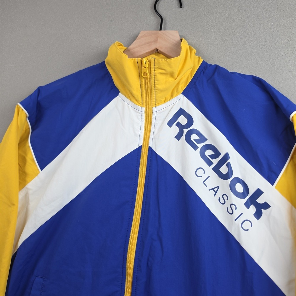 Reebok Classic Womens XS Blue Yellow White Full Zip Windbreaker Jacket EB5173
